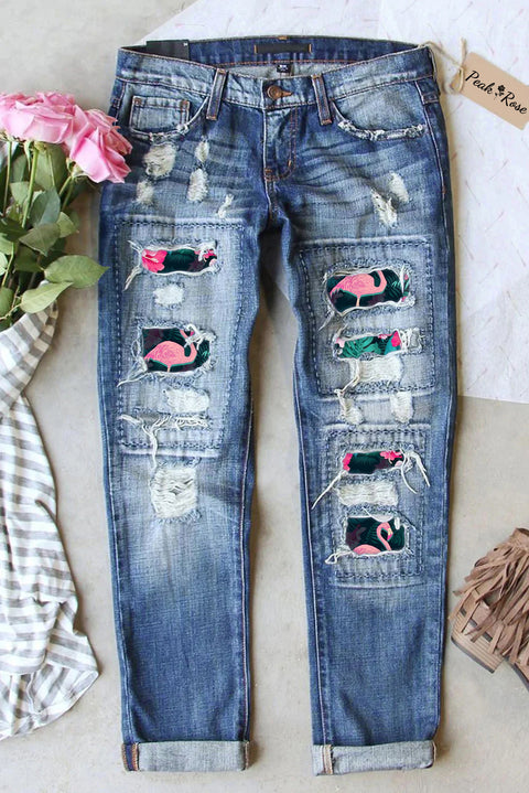 Spring Summer Pink Flamingos Pattern Ripped Denim Jeans