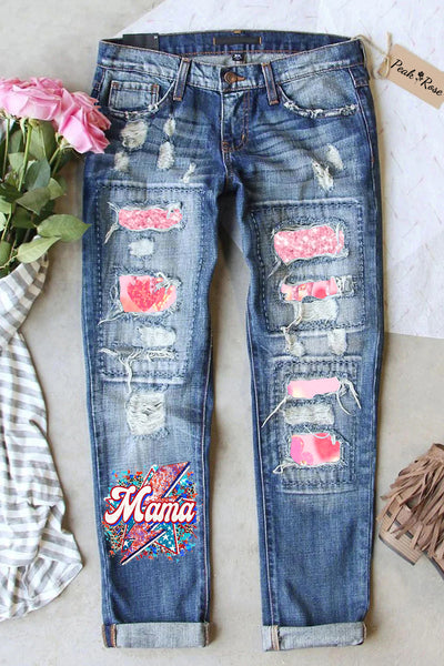 Mama Pink Heart Print Ripped Jeans