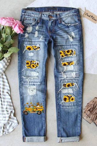 Western Gnomes Truck With Bees And Sunflowers Plaid Print Denim Jeans