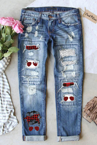 Ripped Denim Jeans Patchwork Messy Bun Plaid