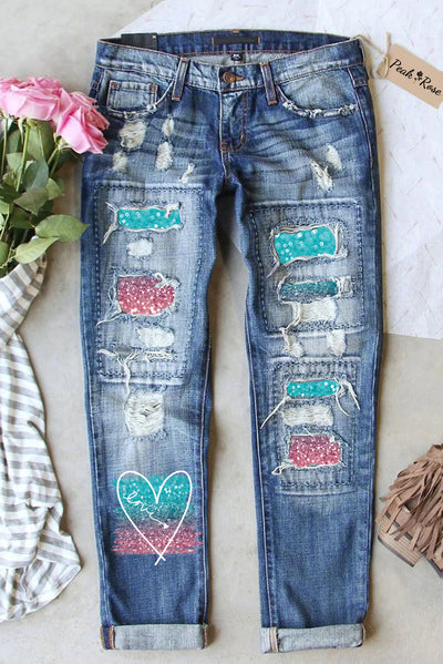 Fluorescent Blue Pink Gradient Heart Love Jeans