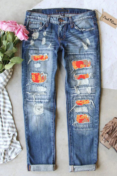 Wheat Spike Leaves Retro Print Ripped Denim Jeans