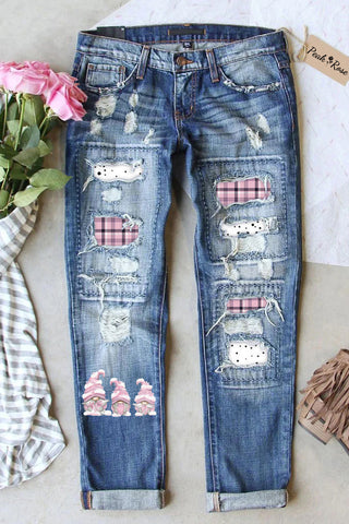 Ripped Denim Jeans Patchwork Pink Gnome Plaid