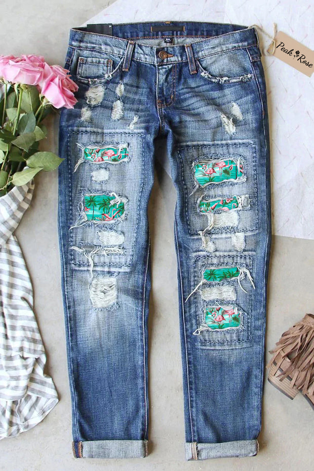 Spring/Summer Flamingos Coconut Tree Ripped Denim Jeans