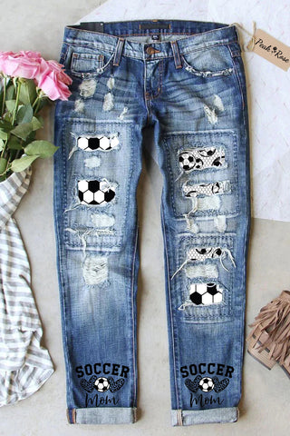 Soccer Mom Print Ripped Denim Jeans
