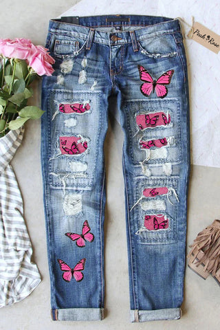 Pink Glitter Butterflies Print Ripped Denim Jeans