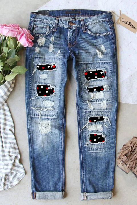 Love Heart Pattern Ripped Denim Jeans