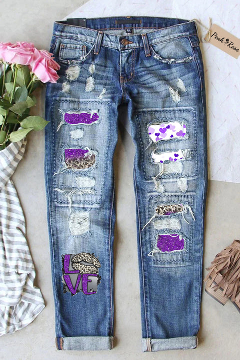 Leopard Print Lips Purple Sequin Love Ripped Denim Jeans