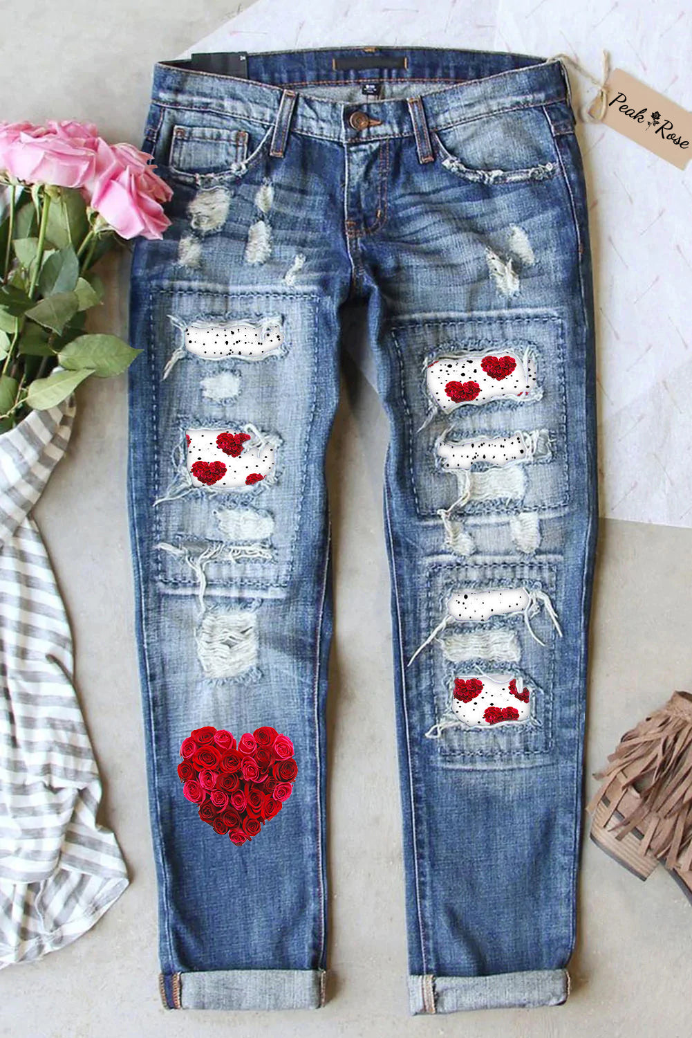 Heart Print Ripped Denim Jeans