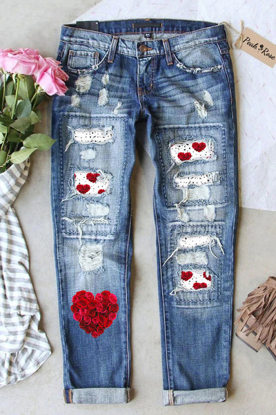 Heart Print Ripped Denim Jeans