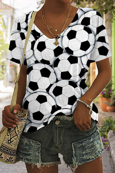 Soccer Balls Printed Tie-Dye V Neck T-shirt