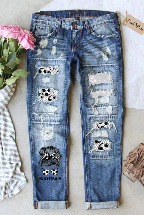 Soccer Mom Mesh Print Ripped Denim Jeans