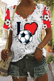 I Love Soccer Print Tie-Dye V Neck T-shirt