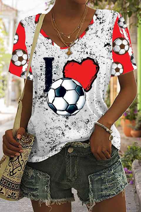 I Love Soccer Print Tie-Dye V Neck T-shirt