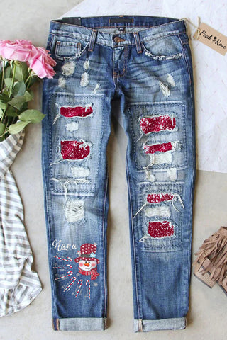 Zerrissene Jeans mit Nana Yeti-Print