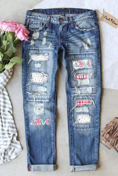 Cute Love Gnome Ripped Denim Jeans