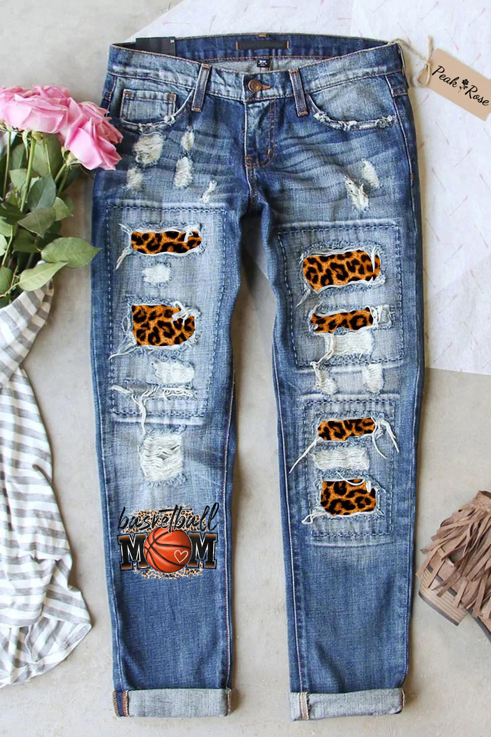 Gift For Basketball Lover Basketball Mom Leopard Print Denim Jeans