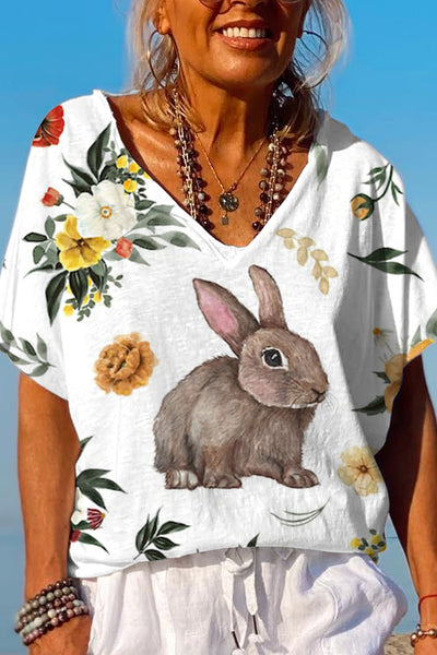 Happy Easter Day Floral Rabbits Dolman Sleeves Tee