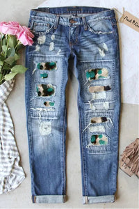 Western Turquoise Patchwork Ripped Denim Jeans