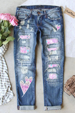 Purple Heart Print Ripped Jeans