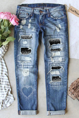Heart-Shape Graphic Casual Ripped Denim Jeans