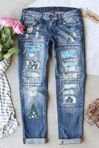 Christmas Snowman Ripped Jeans