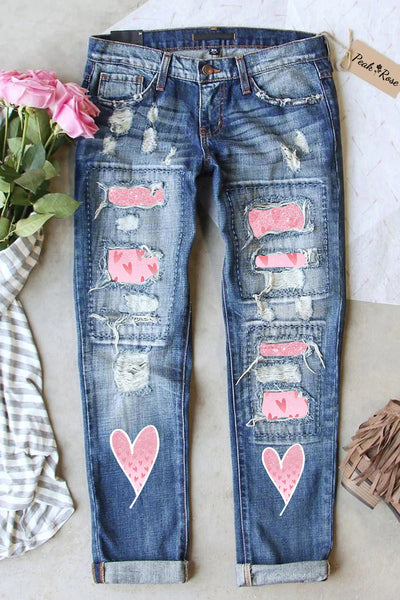 Pink Love Heart-Shaped Ripped Denim Jeans