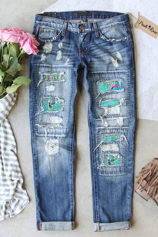 Floral Birds Leaf Paintings  Ripped Denim Jeans