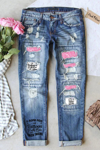 Ripped Denim Jeans Patchwork F-bomb Mom