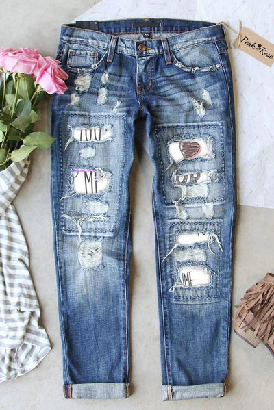 Hand-Painted Newspaper Vintage Ripped Denim Jeans