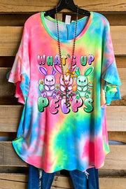 What's Up Easter Day Bunnies Eggs Pattern Tie-dye Curvy Tunic Top