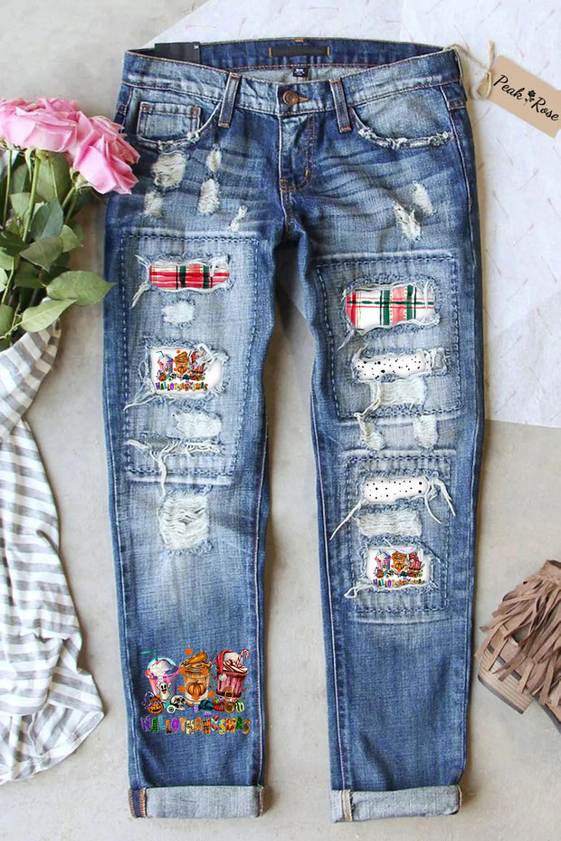 Ripped Denim Jeans Patchwork Hallothanksmas