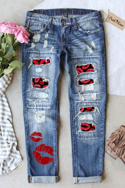 Red Lips Print Ripped Denim Jeans