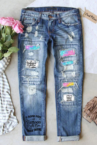 Ripped Denim Jeans Patchwork F-bomb Mom