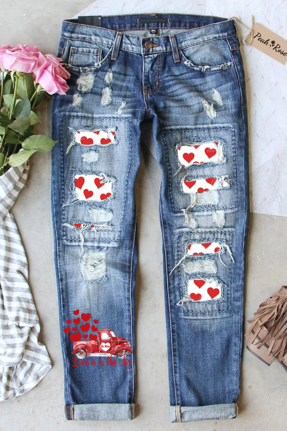 Heart-Shape Truck Graphic Ripped Casual Jeans