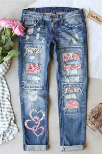 Ombre Pink Heart Print Ripped Jeans