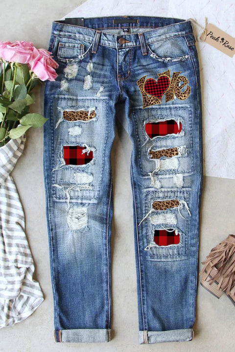 Leopard Heart Print Ripped Denim Jeans