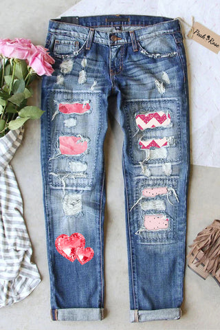 Pink Diamond Double Heart Print Ripped Jeans