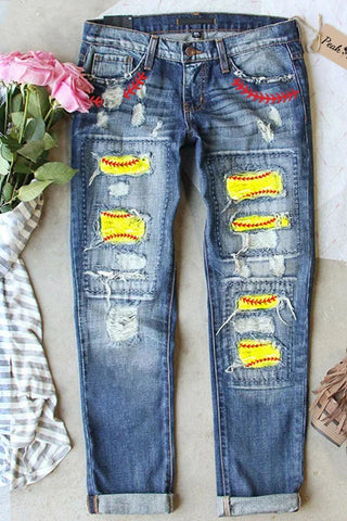 Softball Print Ripped Denim Jeans