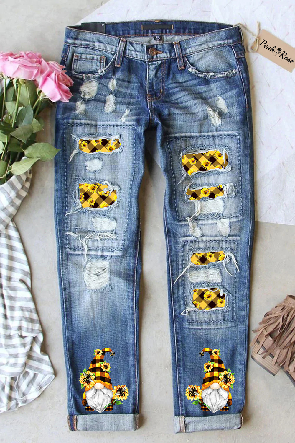 Western Gnomes With Bees And Sunflowers Plaid Print Denim Jeans