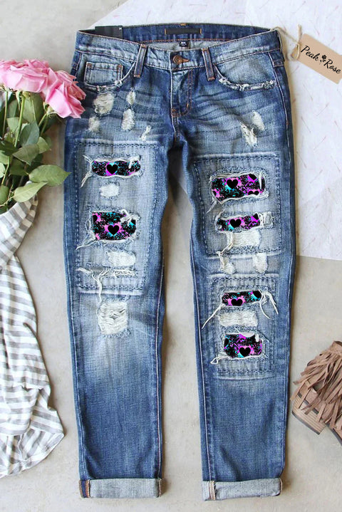 Splash-ink Love Heart Ripped Denim Jeans