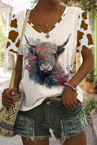 Western Cow Print Tie-Dye V Neck T-shirt