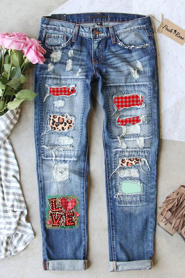 Leopard Plaid Vintage Print Ripped Jeans