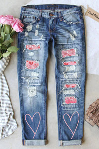Pink Glitter Love Heart-Shaped Ripped Denim Jeans