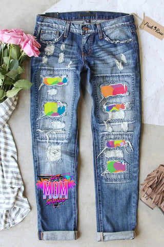 Hot Mom Summer Print Ripped Jeans