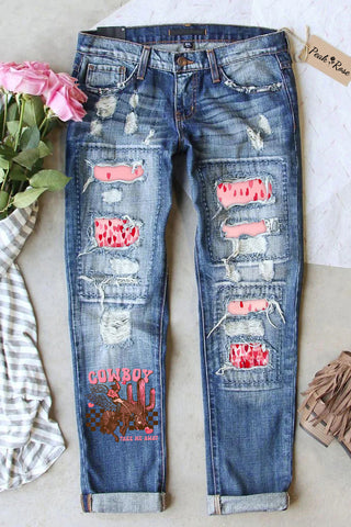 Cowboy Take Me Away Print Ripped Denim Jeans