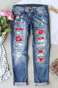 Red Love Heart Ripped Denim Jeans
