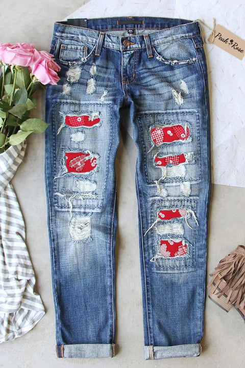 Red Love Heart Ripped Denim Jeans