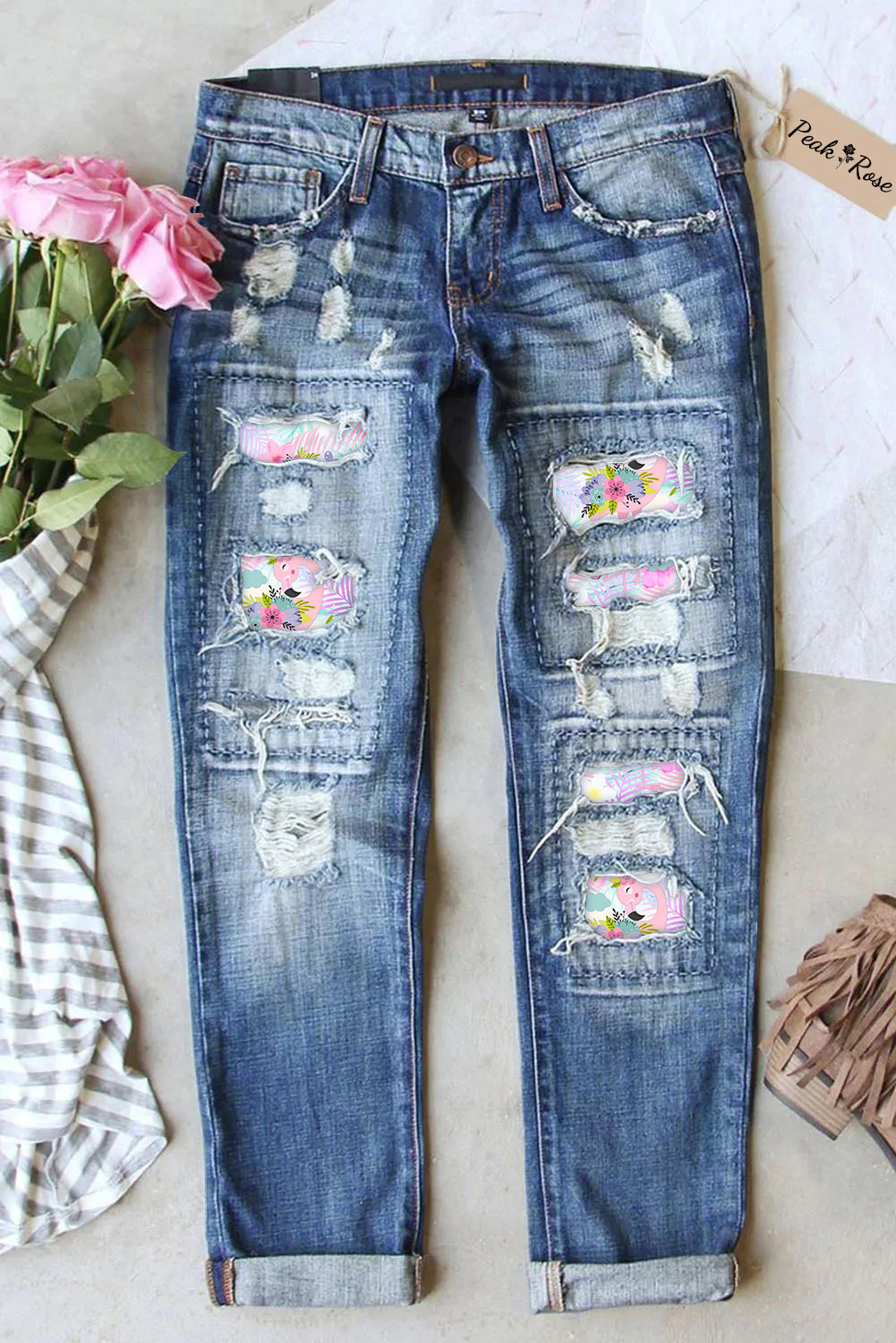 Cute Floral Flamingo Print Ripped Denim Jeans