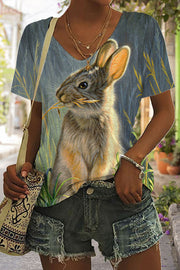 Happy Easter Day Floral Rabbit V Neck T-shirt